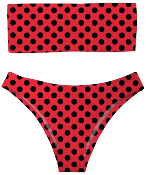 Racing Women 2 Pieces Bandeau Bikini Swimsuit Off Shoulder High Waist Bathing Suit - Red Black Polka Dot - CG18QIAT2X0