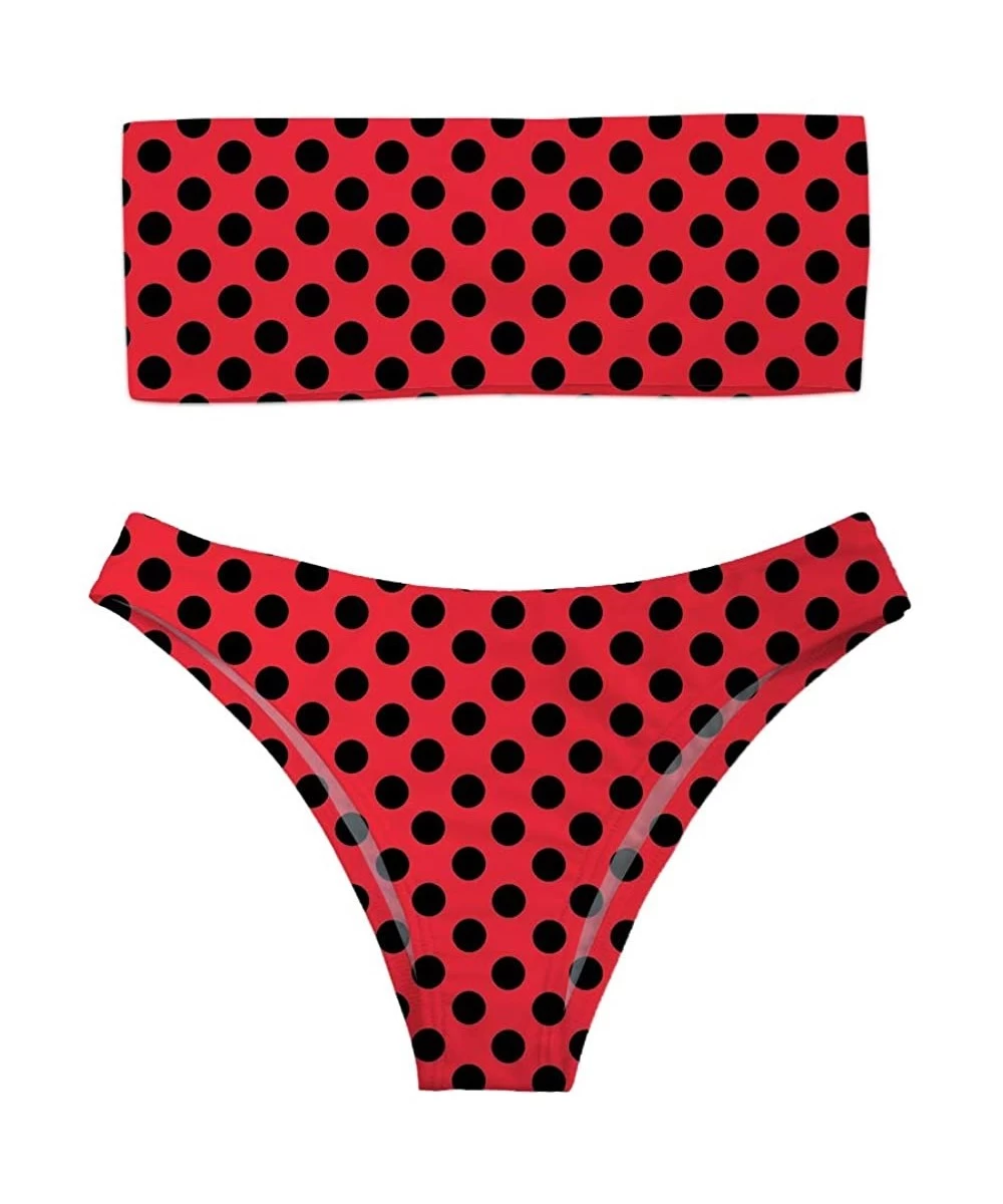 Racing Women 2 Pieces Bandeau Bikini Swimsuit Off Shoulder High Waist Bathing Suit - Red Black Polka Dot - CG18QIAT2X0