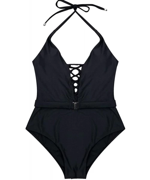 One-Pieces Women's One Piece Swimsuits Lace-up V Neck Bathing Suit - Black - CF1945ULTI8