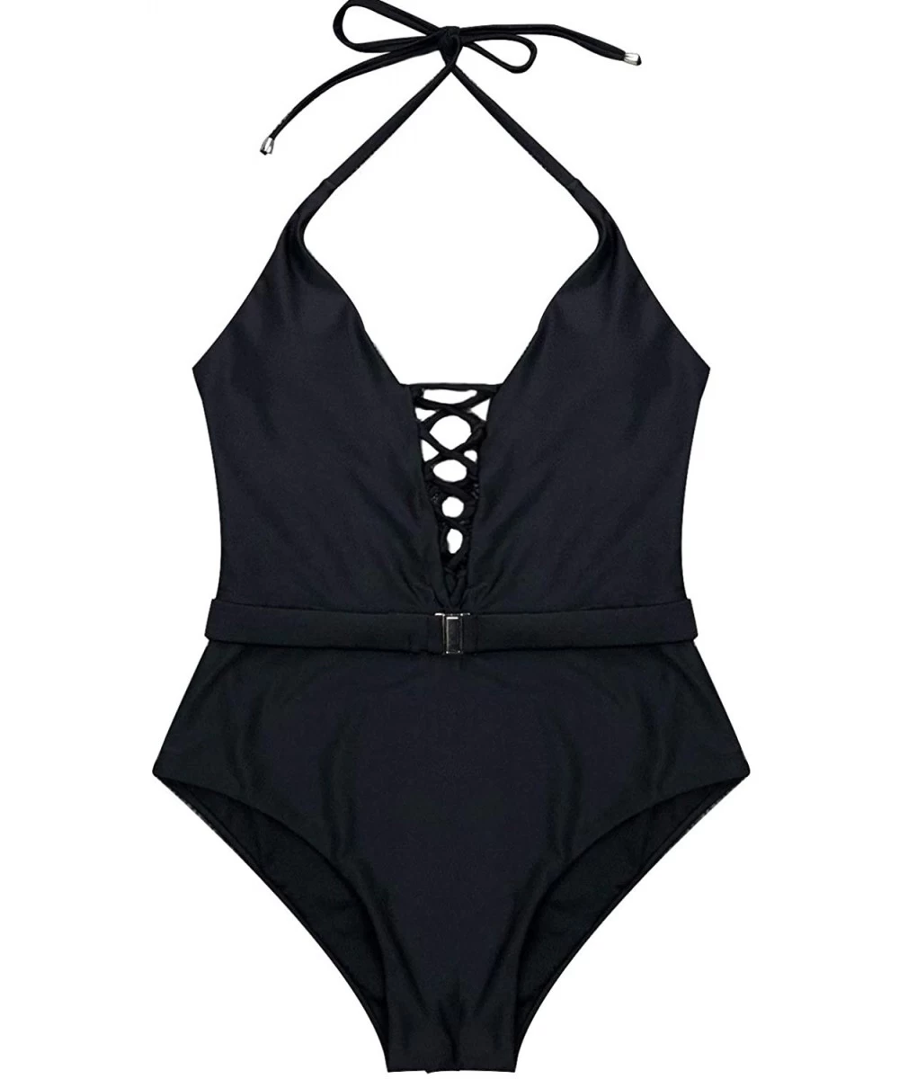 One-Pieces Women's One Piece Swimsuits Lace-up V Neck Bathing Suit - Black - CF1945ULTI8