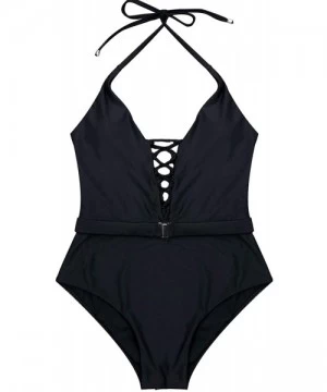 One-Pieces Women's One Piece Swimsuits Lace-up V Neck Bathing Suit - Black - CF1945ULTI8