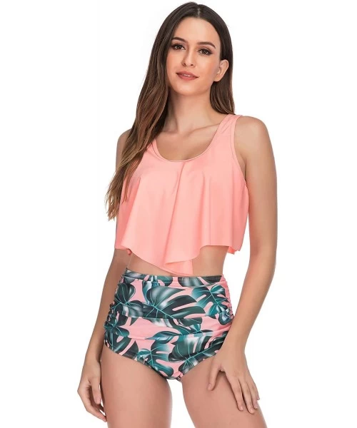 Sets High Waisted Bathing Suit for Women Ruffle Off Shoulder Swimsuit Flounce Bikini Tummy Control - Ruffle-pink - CP18ROYIQDR