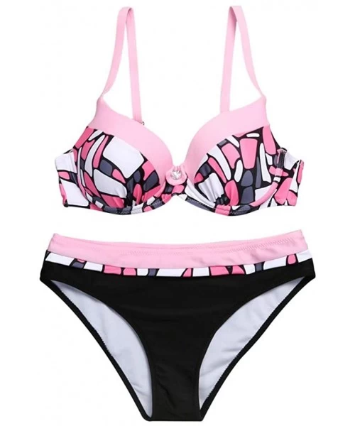 Sets Women's 2 Piece Underwire Bikini Swimsuits Push Up Color Block Printed Swimsuit Padded Beach Bathing Suit - Pink1 - CH19...