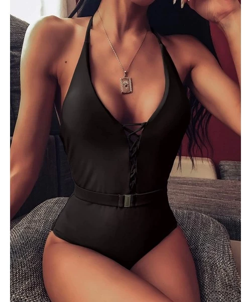 One-Pieces Women's One Piece Swimsuits Lace-up V Neck Bathing Suit - Black - CF1945ULTI8