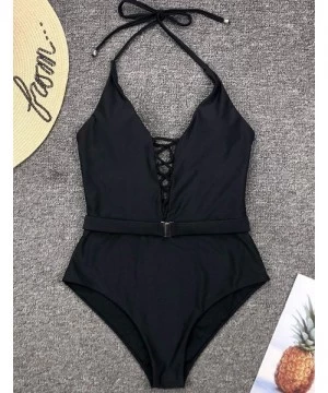 One-Pieces Women's One Piece Swimsuits Lace-up V Neck Bathing Suit - Black - CF1945ULTI8