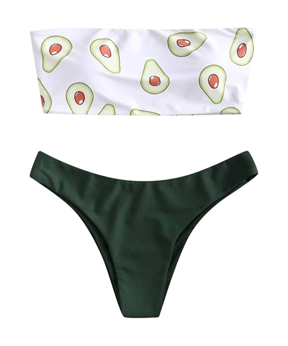 Sets Two Pieces Bikini Push-Up Swimwear Beachwear Women Print Tube up Wrap Pad Cheeky High Waist Swimsuit Set - Green - CS18U...