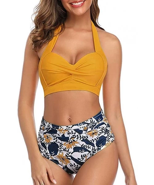 Sets Swimsuits for Women Two Piece Bathing Suits Halter Top with High Waisted Floral Printing Bottom Bikini Set Yellow - CZ19...