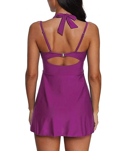 Sets Women Color Block Rainbow Tankini Swim Dress Two Pieces Swimsuit with Boyshorts (M-3XL) - Style2-purple - CD18Q8KHI4H