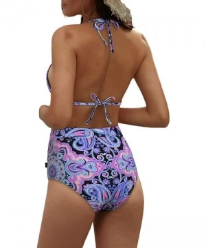 Sets Womens Colorful Bikini Set High Waist Padded Stripe Tassel Swimsuit Two Pieces Swimwear - Floral Blue - CL18WRUSXHM