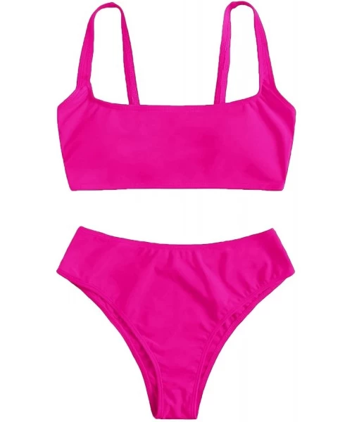 Sets Women's Swimwear Set Solid Scoop Neck High Waisted Bikini Swimsuits - Hot Pink-2 - C9197ZIA9UN