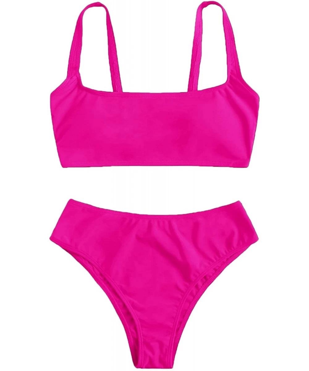 Sets Women's Swimwear Set Solid Scoop Neck High Waisted Bikini Swimsuits - Hot Pink-2 - C9197ZIA9UN