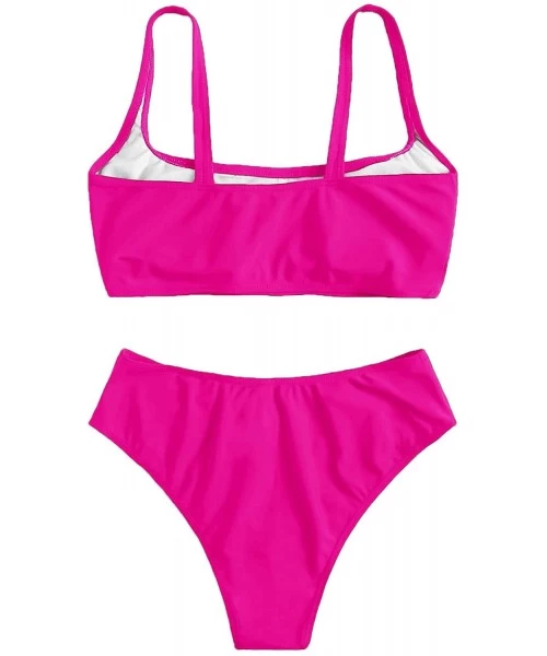 Sets Women's Swimwear Set Solid Scoop Neck High Waisted Bikini Swimsuits - Hot Pink-2 - C9197ZIA9UN