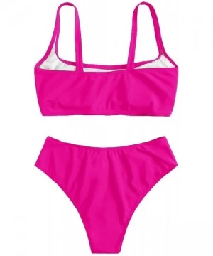 Sets Women's Swimwear Set Solid Scoop Neck High Waisted Bikini Swimsuits - Hot Pink-2 - C9197ZIA9UN