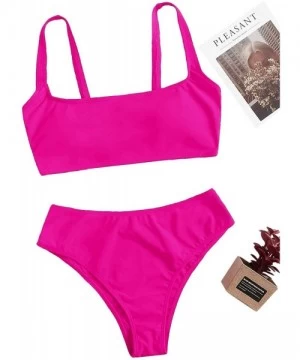 Sets Women's Swimwear Set Solid Scoop Neck High Waisted Bikini Swimsuits - Hot Pink-2 - C9197ZIA9UN