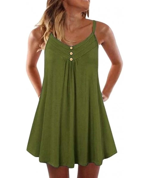 Cover-Ups Women's Summer Tank Dress Casual Sleeveless Knee Length Pleated Sun Dresses Spaghetti Strap Cami Tank - Green B - C...