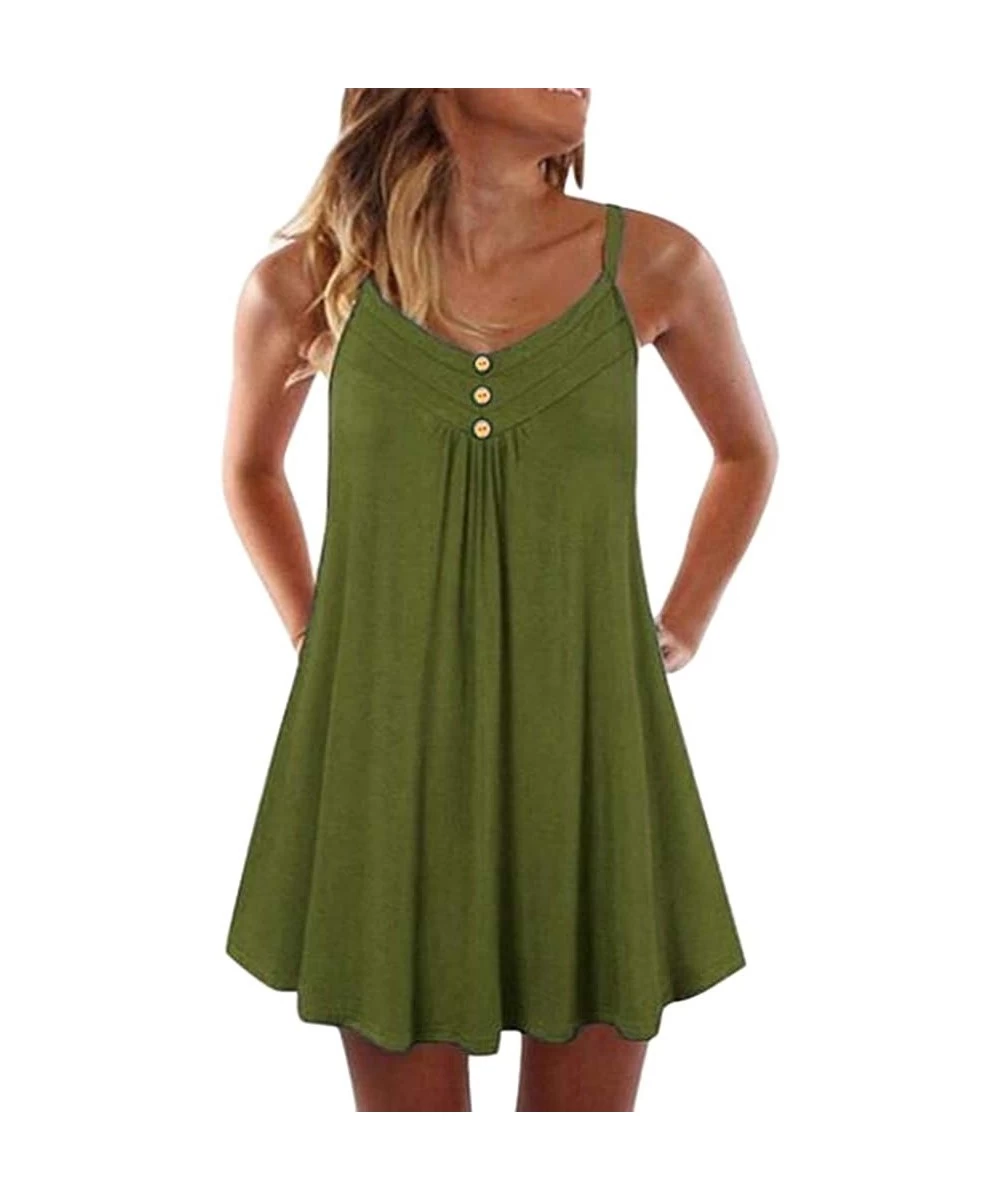 Cover-Ups Women's Summer Tank Dress Casual Sleeveless Knee Length Pleated Sun Dresses Spaghetti Strap Cami Tank - Green B - C...