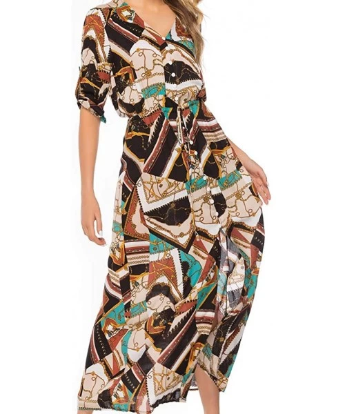 Racing Women Vintage Plus Size Boho Button Down Patchwork Split Maxi Dress Elegant 3/4 Sleeve Bohemian Pleated Swing Long Dre...