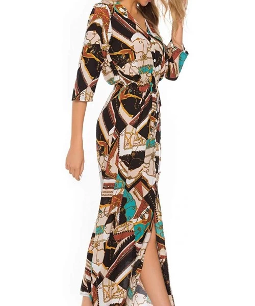 Racing Women Vintage Plus Size Boho Button Down Patchwork Split Maxi Dress Elegant 3/4 Sleeve Bohemian Pleated Swing Long Dre...