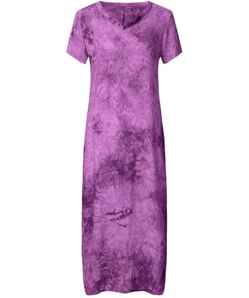 Bottoms Summer Loose Maxi Dress Casual Printed V Neck Short Sleeved Cotton Beach Sundress Dress - Purple - CW18TT67NST