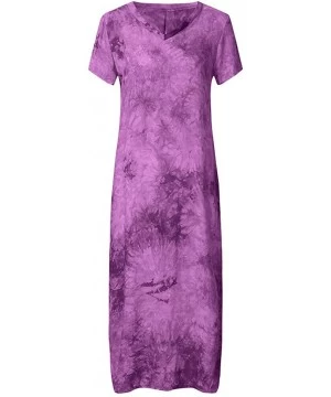 Bottoms Summer Loose Maxi Dress Casual Printed V Neck Short Sleeved Cotton Beach Sundress Dress - Purple - CW18TT67NST