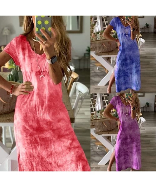 Bottoms Summer Loose Maxi Dress Casual Printed V Neck Short Sleeved Cotton Beach Sundress Dress - Purple - CW18TT67NST