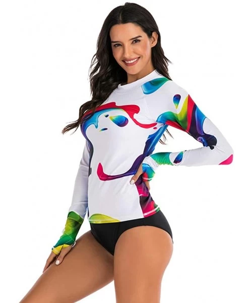 Rash Guards Women's Long Sleeves Rash Guard Athletic Swimwear Two Piece Aztec Tankini Sets Swimsuit - 04 White - CC194L5QZH0