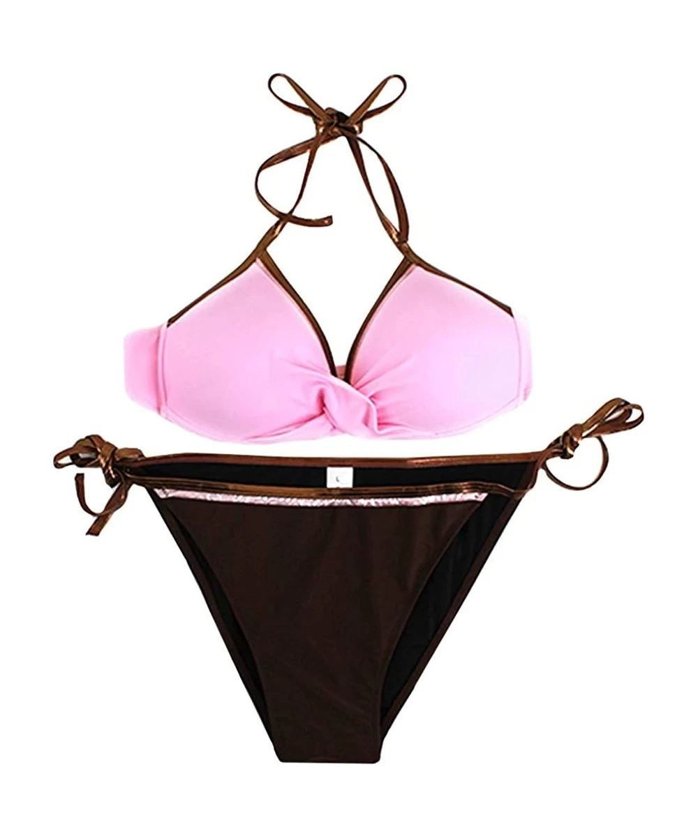 Sets Women Fashion Sequins Cotton Bikini Tankini Two Piece Swimsuit Set Tie-up Swimwear - Pink+brown - C918QNCQO37