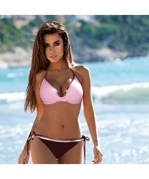 Sets Women Fashion Sequins Cotton Bikini Tankini Two Piece Swimsuit Set Tie-up Swimwear - Pink+brown - C918QNCQO37