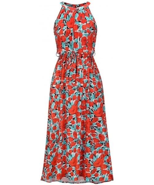 Cover-Ups Women's Halter Neck Floral Pleated Beach Holiday Maxi Dress - Red - CU1906Y7SRU