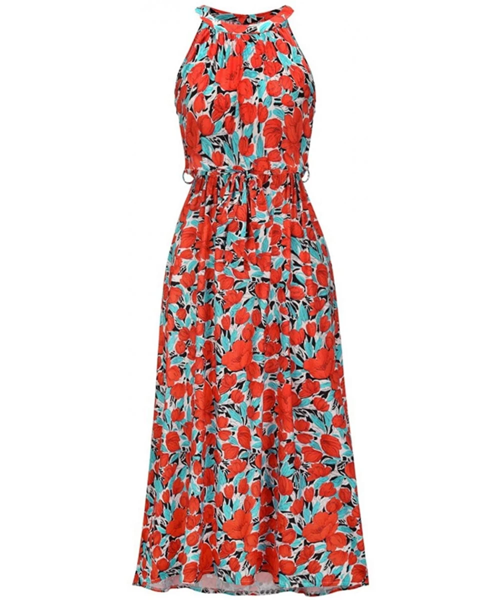 Cover-Ups Women's Halter Neck Floral Pleated Beach Holiday Maxi Dress - Red - CU1906Y7SRU