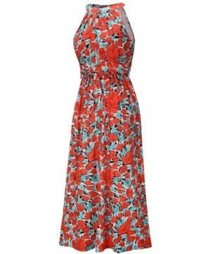 Cover-Ups Women's Halter Neck Floral Pleated Beach Holiday Maxi Dress - Red - CU1906Y7SRU