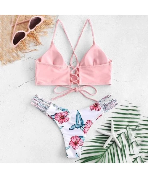 Sets Swimsuits for Women Bikini High Waist-Women's Lace-up Floral Leaf High Waisted Tummy Control Two Piece Tankini Swimsuit ...