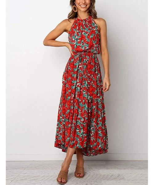 Cover-Ups Women's Halter Neck Floral Pleated Beach Holiday Maxi Dress - Red - CU1906Y7SRU