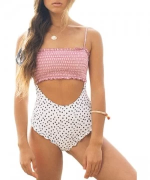 One-Pieces Women's Smocked Bandeau Ruffle Printed One Piece Swimsuit Sexy Halter Cutout Swimwear - A-white - CA18R6ZME68