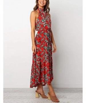 Cover-Ups Women's Halter Neck Floral Pleated Beach Holiday Maxi Dress - Red - CU1906Y7SRU