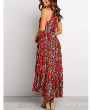 Cover-Ups Women's Halter Neck Floral Pleated Beach Holiday Maxi Dress - Red - CU1906Y7SRU