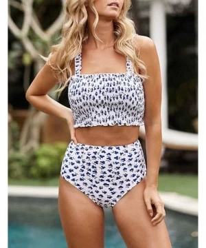 Sets Women's Summer Floral Printed High Waist Ruched Smocked Beach Bikini Sets Swimsuit Bathing Suit - Blue Floral - CT194L2G04N