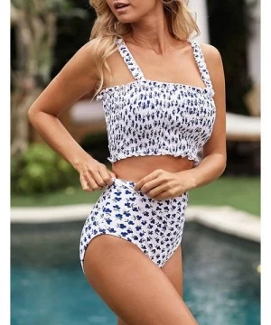 Sets Women's Summer Floral Printed High Waist Ruched Smocked Beach Bikini Sets Swimsuit Bathing Suit - Blue Floral - CT194L2G04N