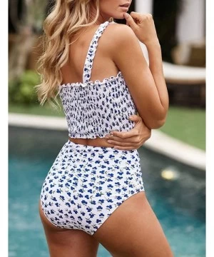 Sets Women's Summer Floral Printed High Waist Ruched Smocked Beach Bikini Sets Swimsuit Bathing Suit - Blue Floral - CT194L2G04N