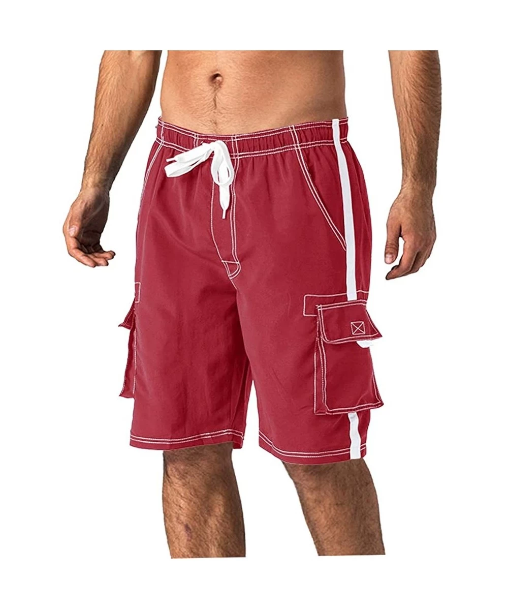 Board Shorts Men's Quick Dry Swim Trunks Side Stripe Bathing Suit Board Shorts with Mesh Lining Cargo Pockets - Wine Red - C8...