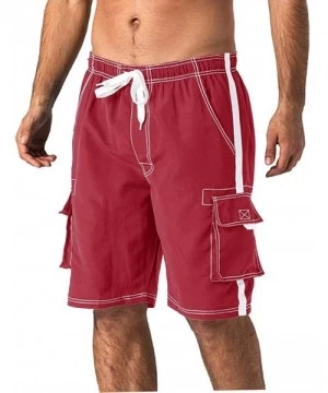 Board Shorts Men's Quick Dry Swim Trunks Side Stripe Bathing Suit Board Shorts with Mesh Lining Cargo Pockets - Wine Red - C8...