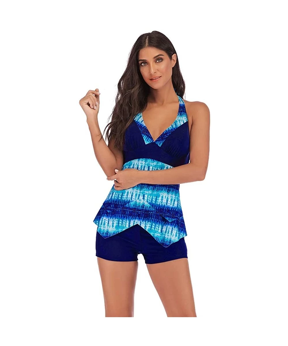 Tankinis Women's Tummy Control Swimwear Tankini Swimsuit with Boyshorts Two Piece Bathing Suit - Blue - CH18TOK62RM