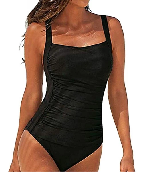 One-Pieces Women One-Piece Swimsuit Ruched Tummy Control Bathing Suit - Black - CH18Q77K54Y