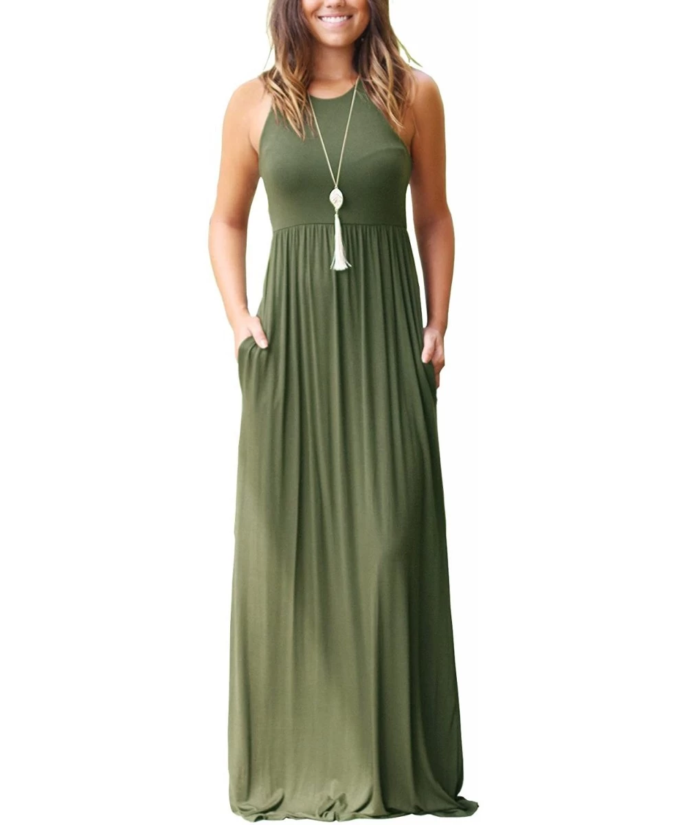 Cover-Ups Women's Sleeveless Racerback Loose Plain Maxi Dresses Casual Long Dresses with Pockets - 02-army Green - CJ189TOYXUU