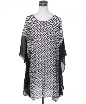 Cover-Ups Chiffon Geometric Sheer Kimono Wrap Blouse Poncho Beach Cover Up - Black - CF12EMWARE1