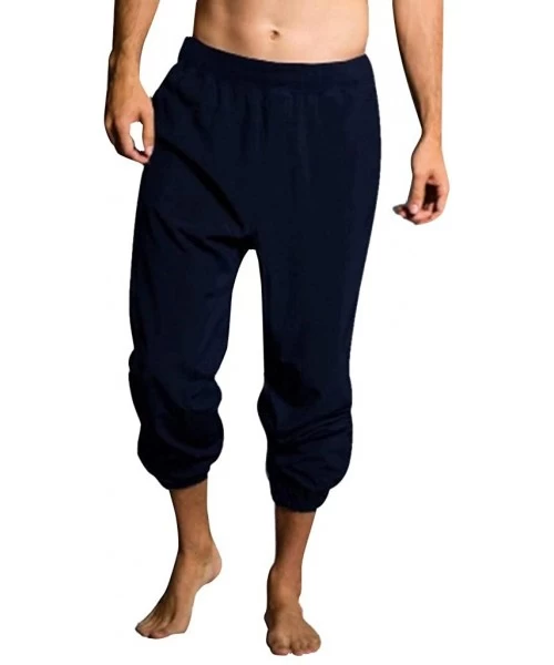 Rash Guards Men's Pants Casual Relaxed-fit Cotton Linen Trouser Plain Simple Beam Foot Jogger Sweatpant - Dark Blue - CB18W0K...