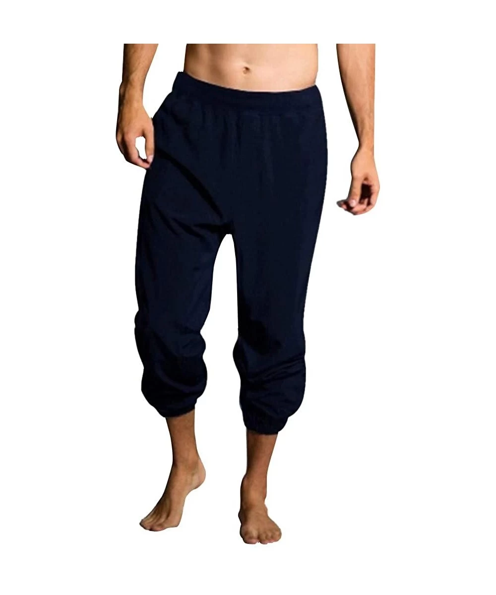 Rash Guards Men's Pants Casual Relaxed-fit Cotton Linen Trouser Plain Simple Beam Foot Jogger Sweatpant - Dark Blue - CB18W0K...