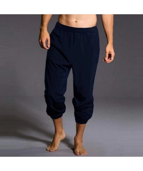 Rash Guards Men's Pants Casual Relaxed-fit Cotton Linen Trouser Plain Simple Beam Foot Jogger Sweatpant - Dark Blue - CB18W0K...