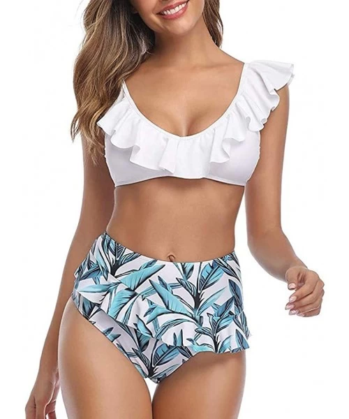 Racing Women's Flounce Swimsuit Two Piece Floral High Waisted Shirred Bikini Set Tie Front Short Sleeve Top Ruffle Swimsuit -...