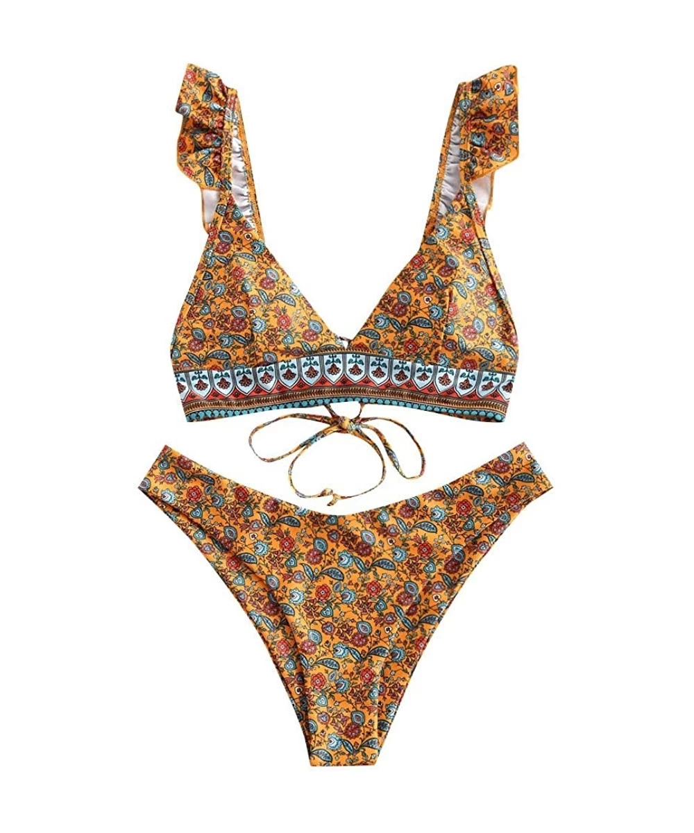 Sets Women's Summer Sexy Floral Print Ruffle High Cut Bikini Set Two Piece Swimsuit Women Summer Fashion 2020 - Coffee - CT19...